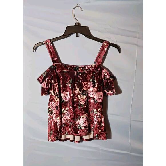 Self Esteem Juniors Large Cold Shoulder Strap Burgundy Floral Velvet Top NWT - Picture 2 of 7
